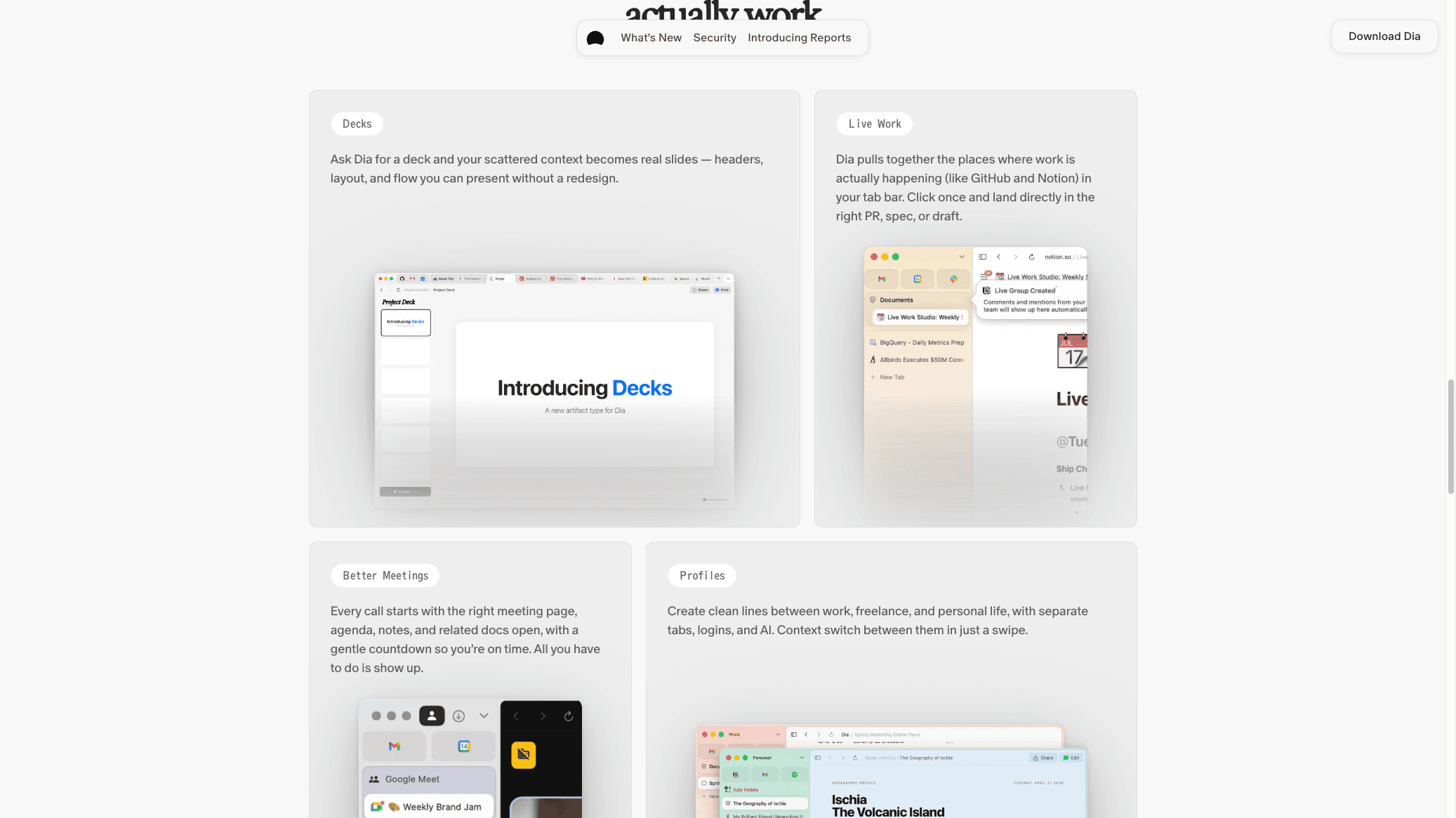 Vista de síntesis del navegador Dia generando informes Morning Brief desde Slack, Notion y calendario