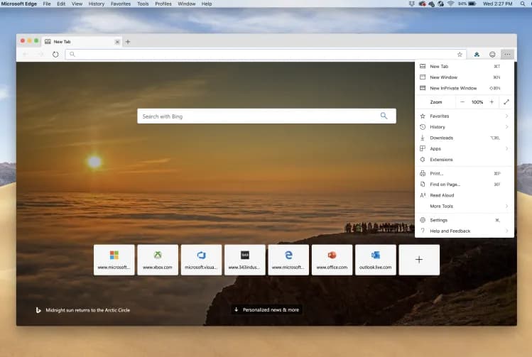 Edge new tab with Bing search and the browser menu open