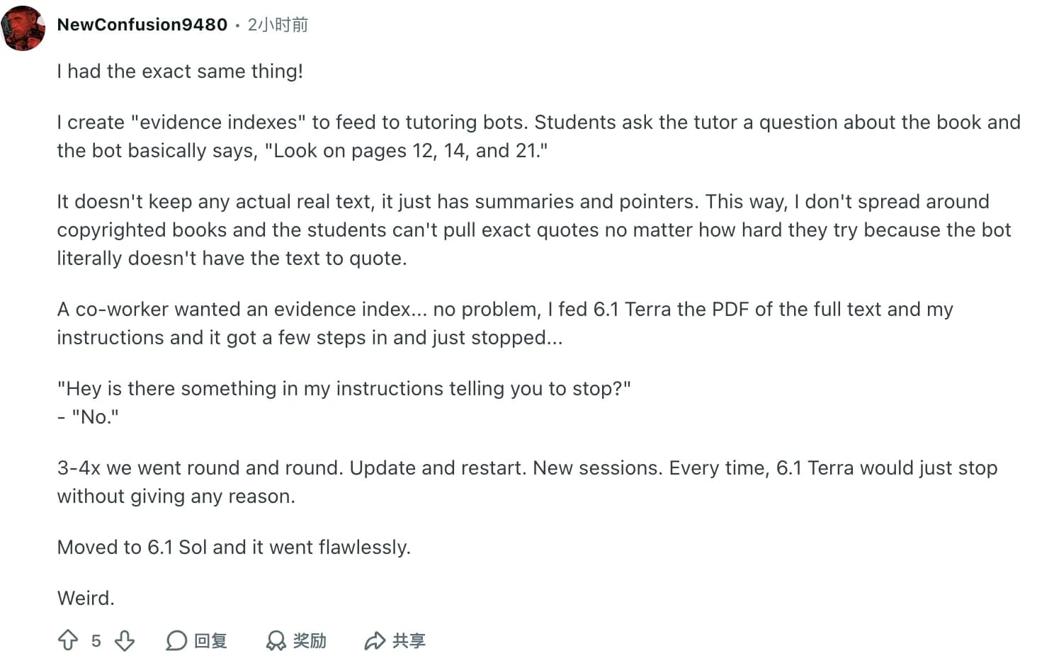 Reddit comment by NewConfusion9480 describing repeated stops while indexing a PDF