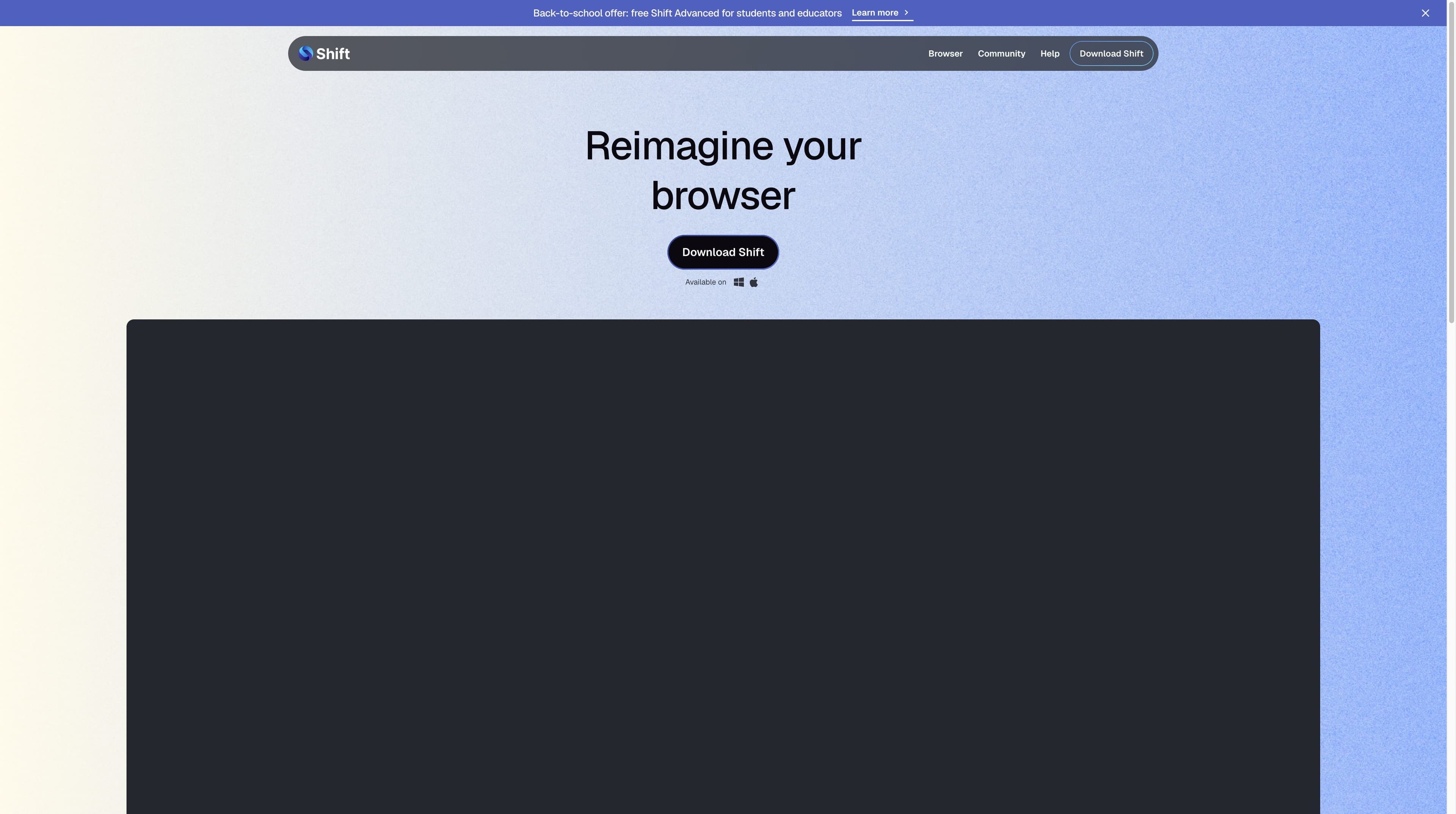 Shift official homepage showing Reimagine your browser, the Download Shift button and Mac and Windows availability