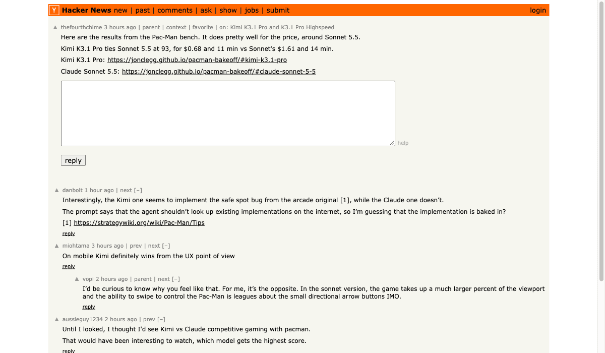 Hacker News comment by thefourthchime describing a Pac-Man comparison.