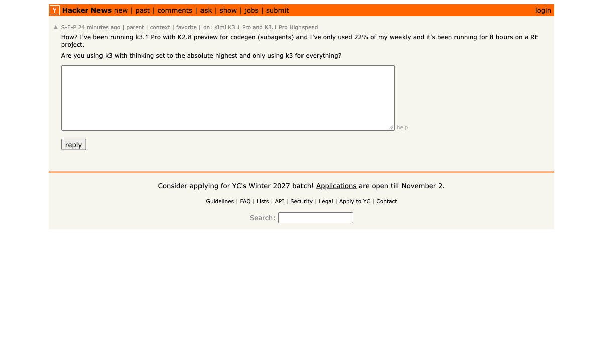 S-E-P's Hacker News comment describing a mixed K3.1 Pro and K2.8 Preview workflow.