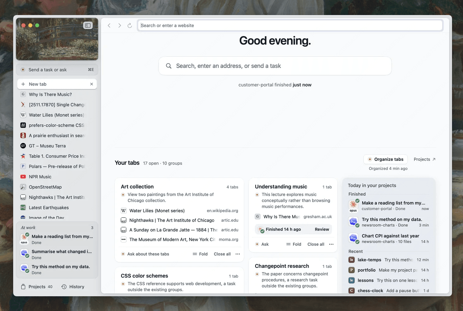 Official Rill Browser home interface with tab rail and grouped tabs