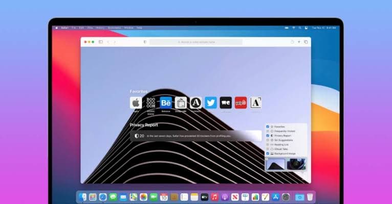 Safari start page on a Mac with Favorites and Privacy Report