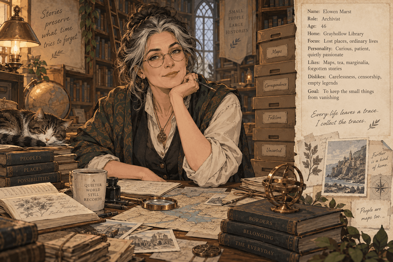 Illustration fictive d’une archiviste devant une carte, concept artistique du personnage Elen Mars.