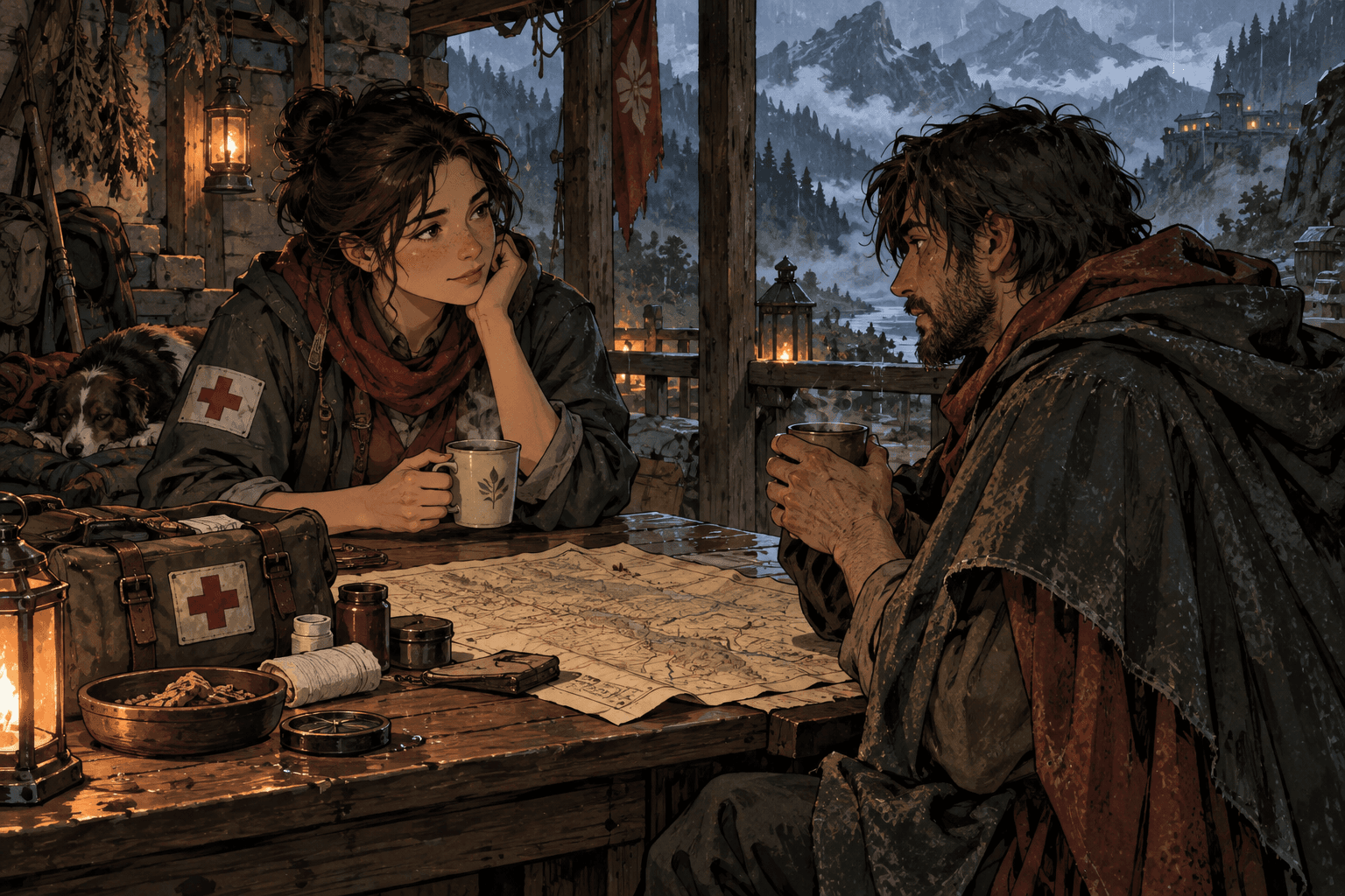 Illustration fictive de voyageurs partageant du thé dans un refuge de montagne, concept de fantasy douce.