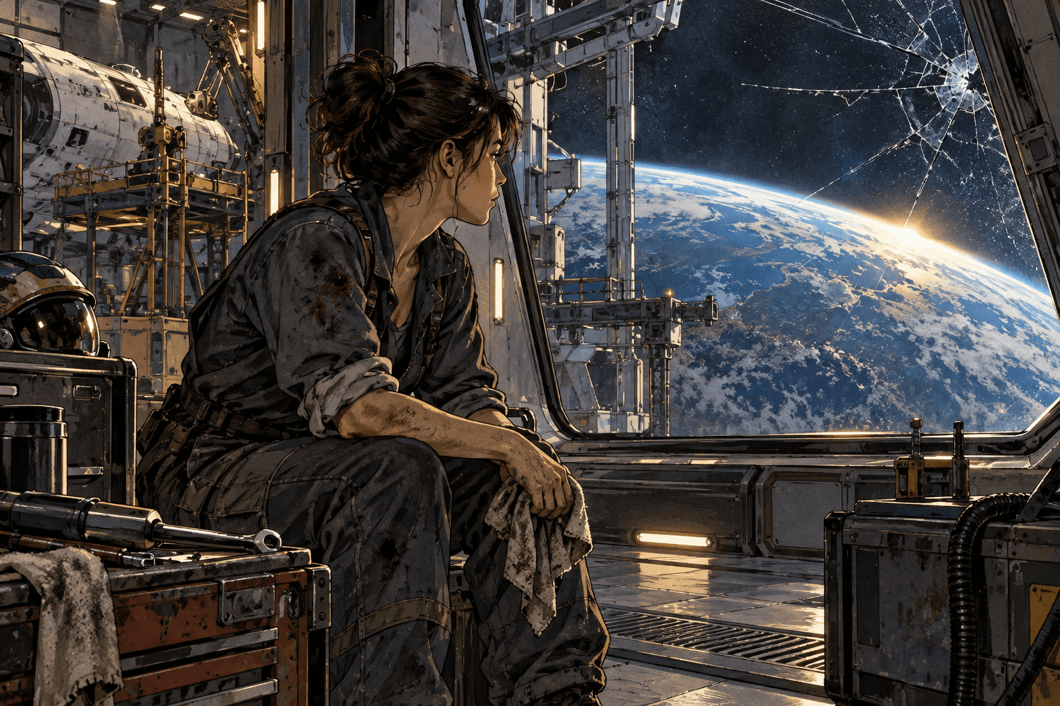 Illustration fictive d’une mécanicienne dans un atelier orbital, concept artistique de Nia Vale.