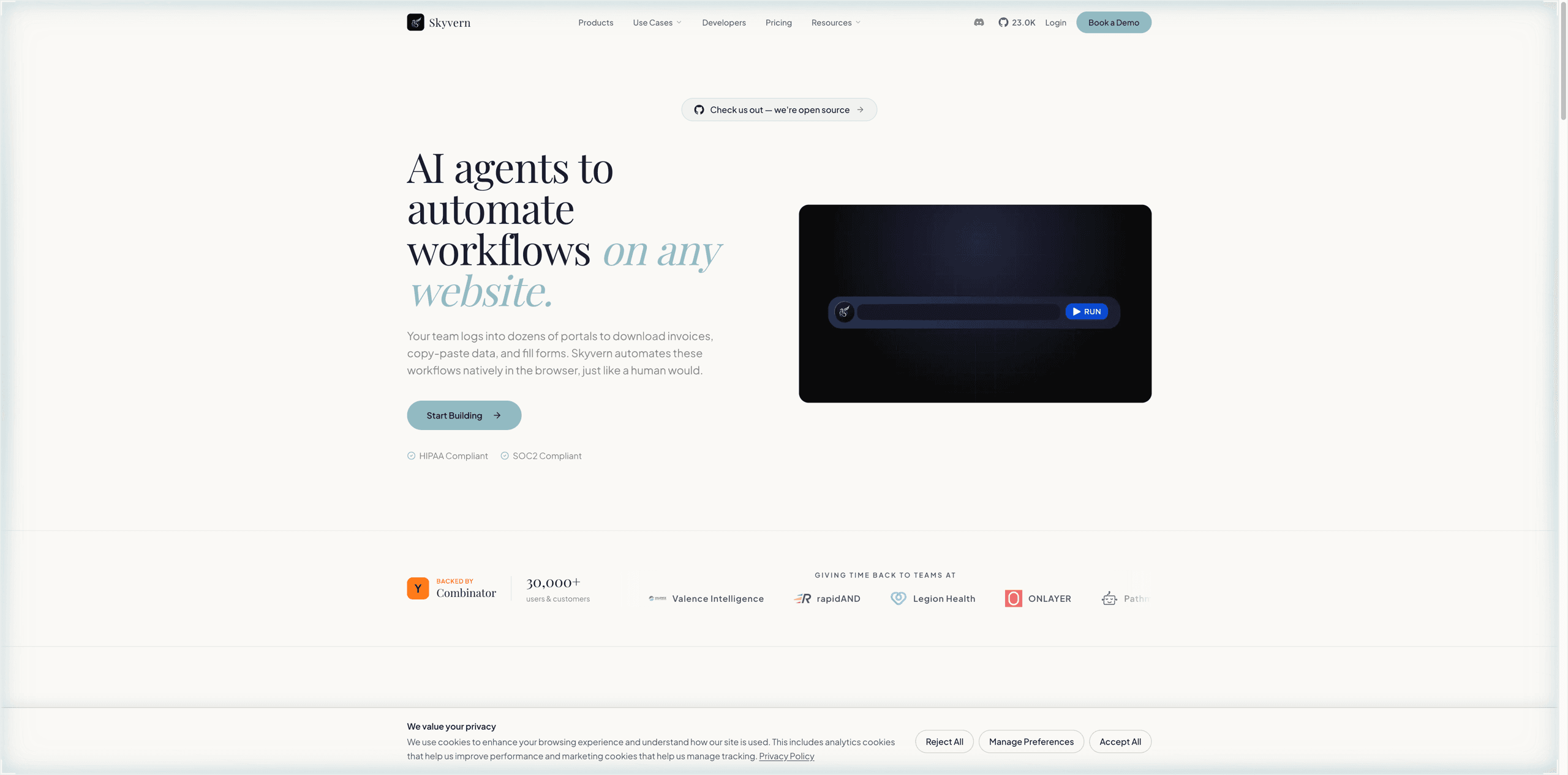 Skyvern official homepage demonstrating AI agents to automate workflows on any website with vision models.