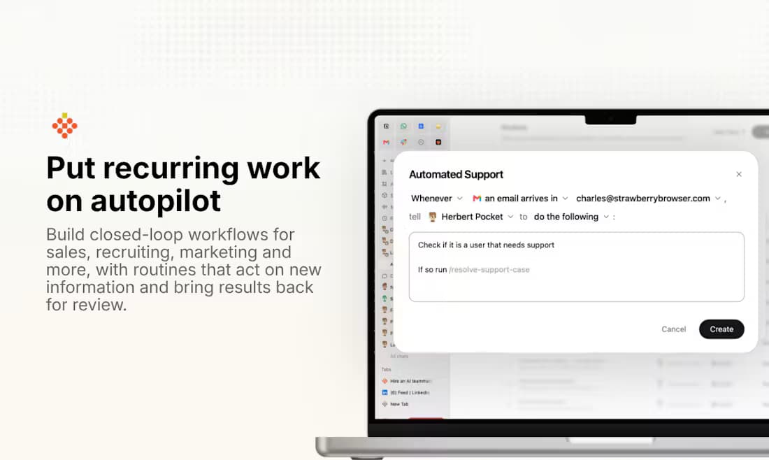 Strawberry Routines editor building a closed-loop support workflow that fires when a new email arrives