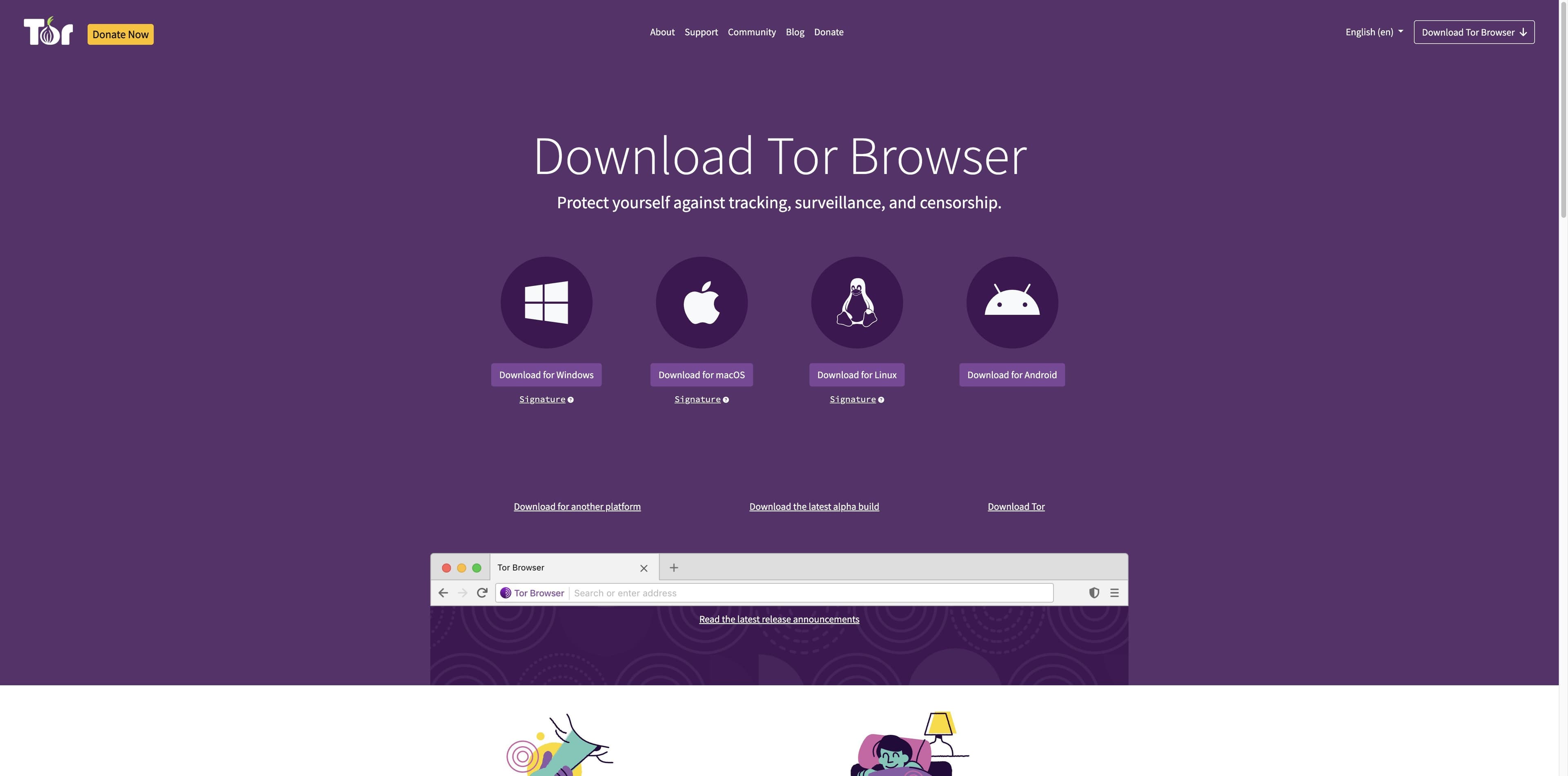 Tor Project official download page showing Windows, macOS, Linux, and Android choices