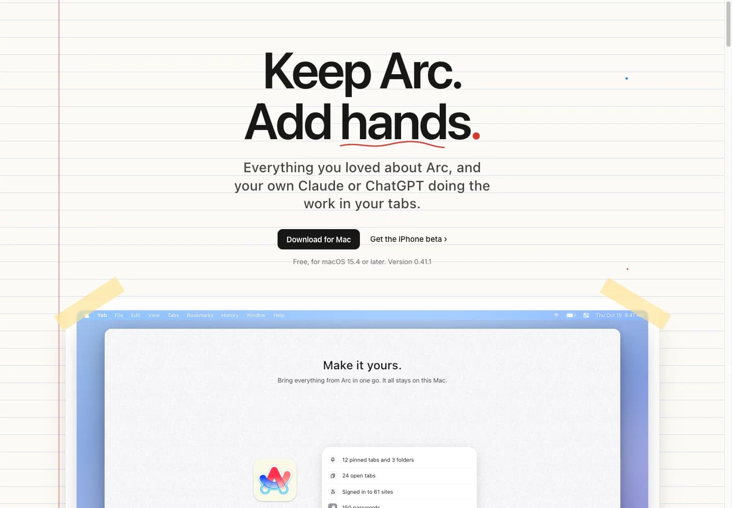 YAB official website showing its Arc-inspired positioning, Mac download and an import illustration