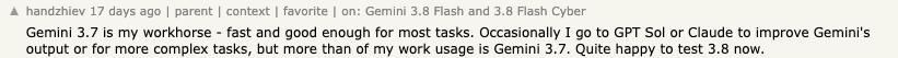 Hacker News comment from handzhiev about using Gemini 3.7 as a workhorse