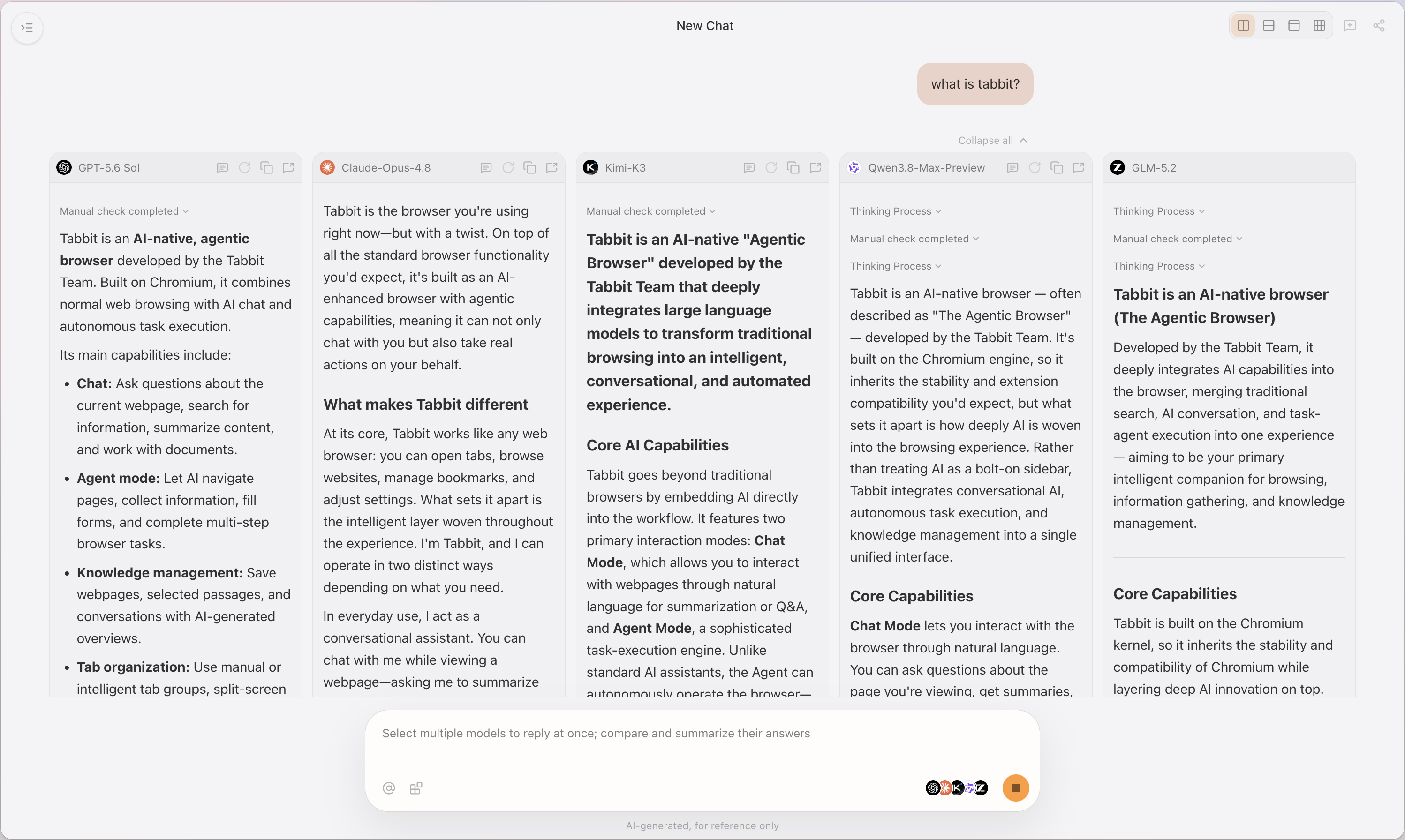 Tabbit New Chat showing five columns of answers from GPT-5.6 Sol, Claude Opus 4.8, Kimi K3, Qwen 3.8, and GLM-5.2 to the question what is tabbit.